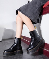 Botas de Combate de Tacón Grueso con Plataforma de Encaje a la Moda, Tallas Grandes 44/45, para Mujer, Tendencia Invierno Verano, de Cuero, de Caña Alta