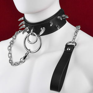 Griffes de chasseur BDSM collier de posture d'esclave en cuir végétalien avec poignée en aluminium à pointes et laisse Couple collier en cuir d'entraînement BDSM - Product Image 3