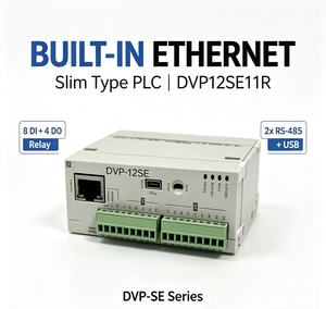 Delta DVP12SE11R PLC, รุ่นบางเฉียบสำหรับเชื่อมต่อเครือข่าย พร้อมอีเธอร์เน็ตในตัว, เอาต์พุตรีเลย์ 8DI 4DO, 16K สเต็ปส์ - Product Image 1
