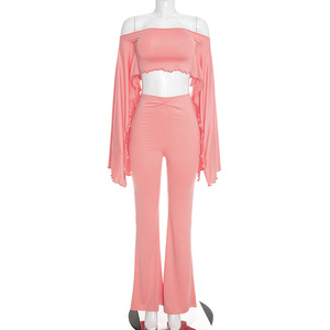 Conjunto de pantalón largo para <span class=keywords><strong>mujer</strong></span> de otoño con cuello de una sola pieza, hombros descubiertos, manga volante, borde rizado negro y diseño de ombligo abierto - Product Image 6