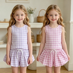 Conjunto deportivo sin mangas para niñas, con estampado a cuadros morado claro, modelo GSSO3477 RTS, para yoga, verano, venta al por mayor. - Product Image 1
