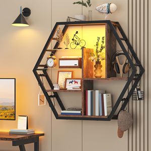Étagère murale hexagonale industrielle SENYU avec structure en bois et en fer, étagère de rangement à trois niveaux pour la décoration du salon - Product Image 2