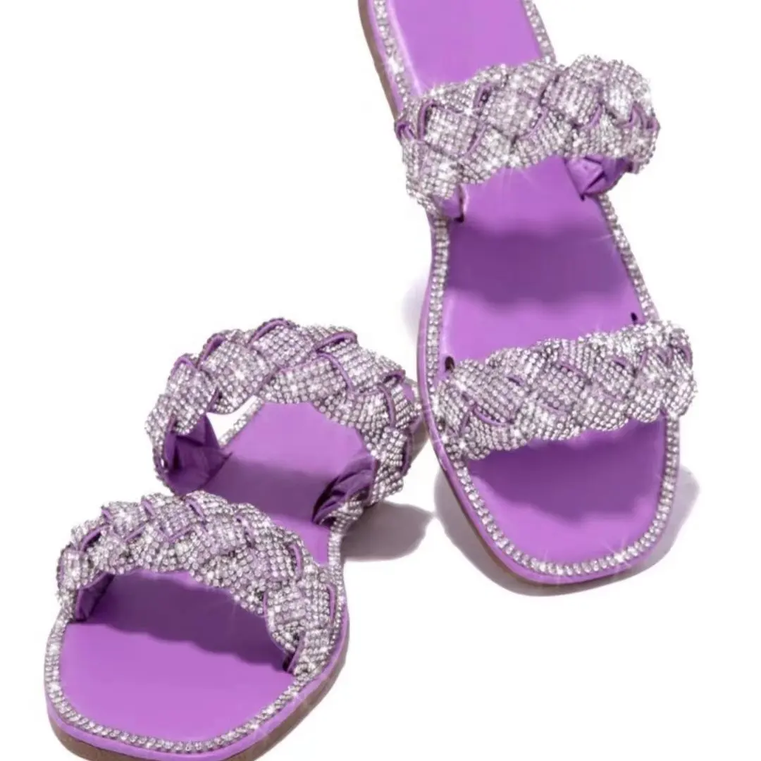 Casual Rubber Glitter EVA Rhinestone Closed Toe Flat Sandals For Women And Ladies