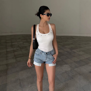 Short en <span class=keywords><strong>jean</strong></span> ZONA <span class=keywords><strong>Babe</strong></span> taille mi-haute avec revers roulés et poches, 100 % coton, bords color block, coupe trapèze, jambe droite, skinny, sexy, hot pants - Product Image 1