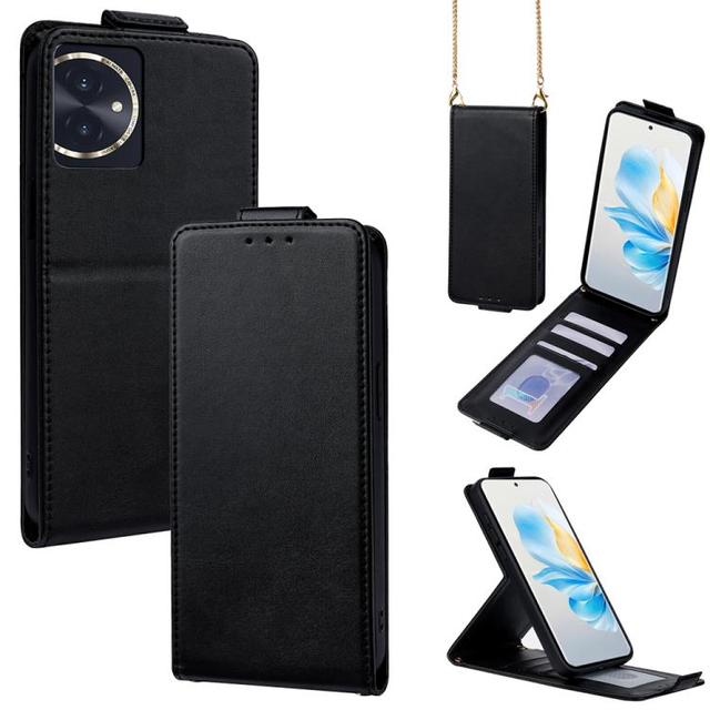 For Honor 100 5G Vertical Flip Cover Solid Color Vegan Leather Phone Case with Crossbody Chain