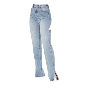 Jean droit taille haute avec ourlet fendu en denim délavé clair pour femme, pantalon décontracté en coton délavé pleine longueur - Product Image 1