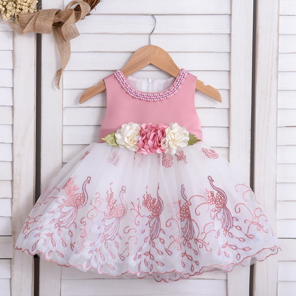 Fashion Formal Bead Collar Infant Children Ball Gown Embroidery Toddler 1st Birthday Littler Girl Wedding Dress With Flower