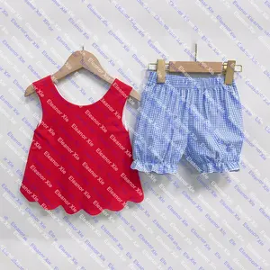 Custom Patriotic 4th of July red knitting bow baby girl bloomer set summer blue gingham kids toddler girls shorts clothing sets