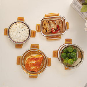 Bol rond en verre écologique au design moderne avec couvercle Boîte à lunch en ambre naturel Récipient alimentaire résistant à la chaleur pour les voyages - Product Image 2