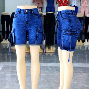 Shorts in Denim a Vita Alta per Donne, Pantaloncini Jeans Vintage Multi-Tasca per Streetwear e Uso Quotidiano Casual - Product Image 1