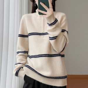 Suéter de punto holgado con <span class=keywords><strong>cuello</strong></span> <span class=keywords><strong>alto</strong></span> y media cremallera para <span class=keywords><strong>mujer</strong></span>, 100% lana pura coreana, a rayas, novedad de primavera 2026, superventas - Product Image 3