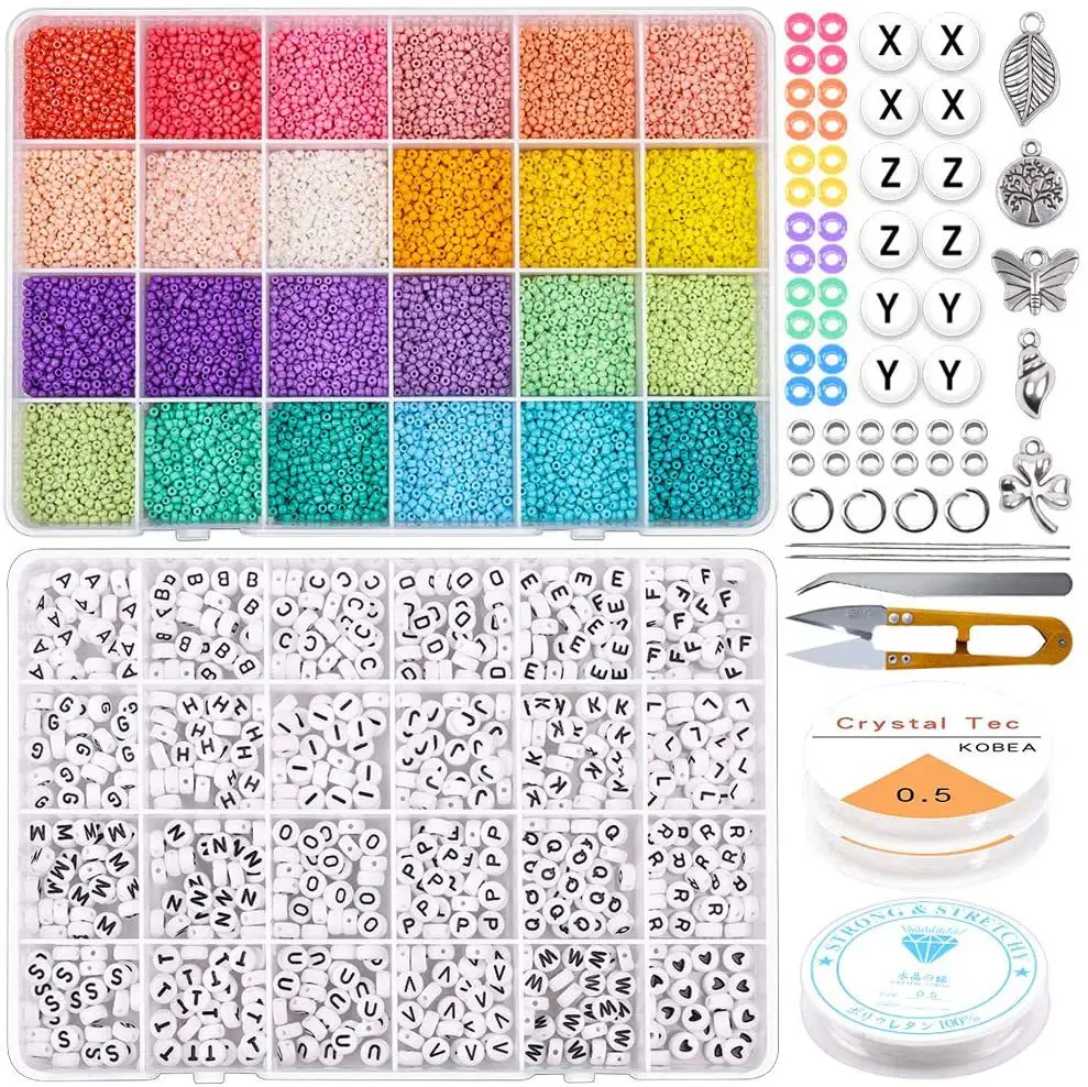 2mm cor sólida mista para diy, kit para fazer pulseira e bracelete com letras fixas, conjunto de contas para crianças com tesoura