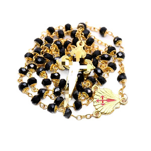 Collier chapelet en or et cristal noir, croix de Santiago, bijoux religieux, cadeau unisexe 4x6mm - Product Image 5