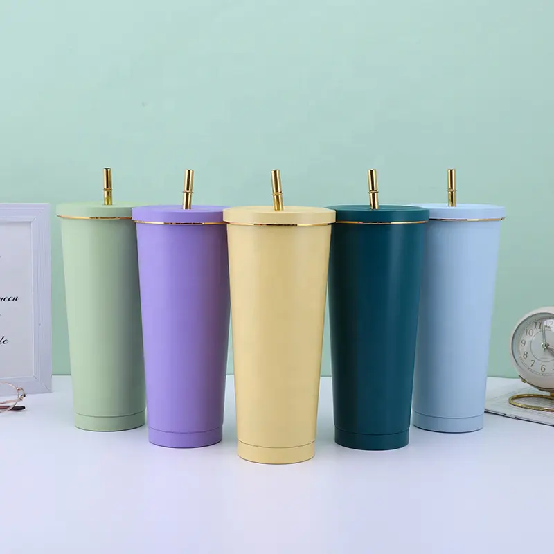 Tazas de vaso aisladas al vacío de acero inoxidable de doble pared con tapa de diseño clásico y pajita a precio competitivo