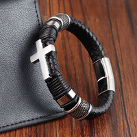 Bracelet en cuir tressé personnalisé, design rétro punk croisé en acier inoxydable, pour e-commerce transfrontalier L20299