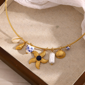 Chaîne à maillons plaquée or 18K Collier ras du cou Pendentif étoile de mer Hypoallergénique en acier inoxydable Perle d'imitation Cadeau pour femme N90 - Product Image 2