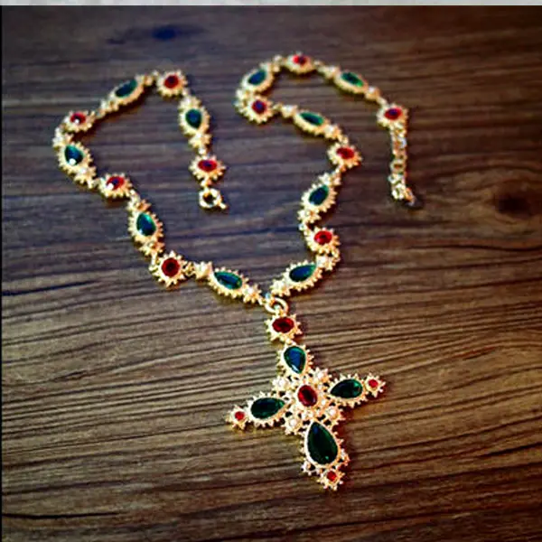 Medieval European Retro Style Noble Woman Gold Plated Ruby Emerald Colorful Gemstone Baroque Luxury Cross Pendant Necklace