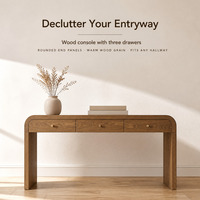 Console longue incurvée en noyer à 3 tiroirs avec poignées dorées, table d'appoint de rangement pour entrée, salon et couloir