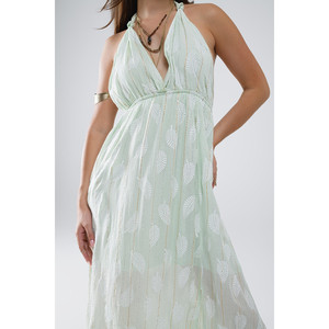 เดรสทรงมิดิแบบผูกคอ ลายใบไม้มิ้นท์ แต่งดิเทลลูเร็กซ์ - Product Image 1