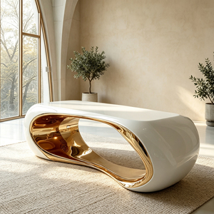 Tavolino da Caffè Curvo in Fibra di Vetro con Cornice Bianca Lucida e Dettagli Oro per Interni di Casa Contemporanea di Alta Gamma - Product Image 2