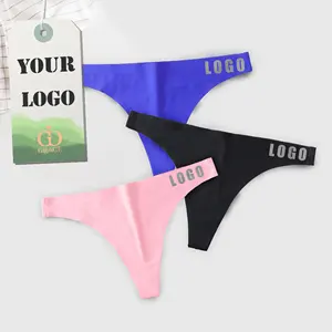 Benutzer definierte Logo Brief gedruckt Eis Seide Dessous Frauen Satin Laser Cut Nahtlose Frauen Nahtlose Unterwäsche Nahtlose Höschen Tanga