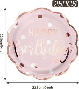 Stree Direct 9 Inch Pink and Gold Happy Birthday Paper <b>Plates</b> Modern Glitter Rim Hot Selling for Birthday Parties - Product Image 5