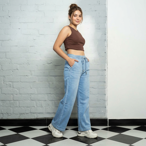 Pantalon droit taille haute en molleton pour femme, motif 3D, écologique, respirant, en coton lavé, coupe décontractée, avec cordon de serrage - Product Image 2