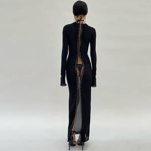 <span class=keywords><strong>Vestito</strong></span> da donna <span class=keywords><strong>Midi</strong></span> impiombato con <span class=keywords><strong>maniche</strong></span> <span class=keywords><strong>lunghe</strong></span> nere Sexy autunnali di migliore qualità - Product Image 3