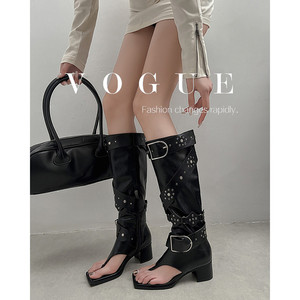 מגפי רכיבה גבוהים לנשים דגם 2025, סקסיות, עם שרוכים עד הברך, סנדלי קיץ עם עקב עבה, אבזם וקצה מרובע. - Product Image 3