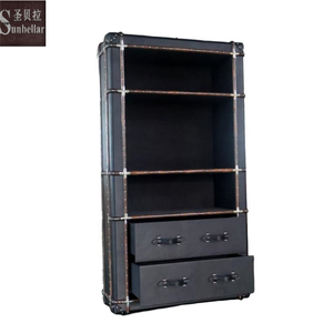 Foshan Factory Directly OEM ODM Retro Vintage negro cuero librería 3 niveles con 2 cajones madera ratán almacenamiento estantería hogar - Product Image 1