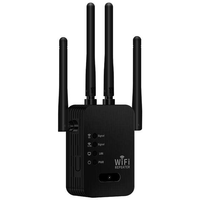 Dual Band 2.4G&5G AC1200 WiFi Repeater Router with 4 Antennas 85dB Gain 1-Year Warranty 300-500sqm Coverage Black