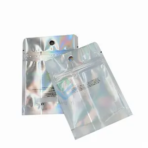 Custom Printed Hologram Mylar Bags With Zipper Plastic Jewelry Makeup Packaging Transparent Holographic Bags