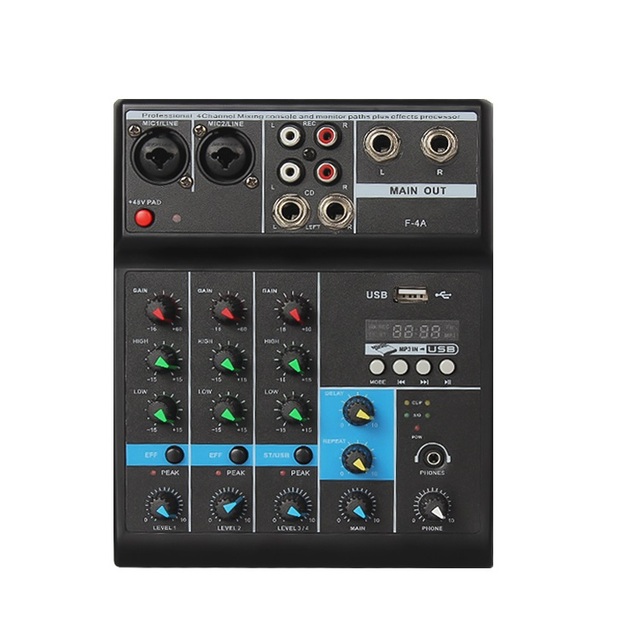 F-4A Professional 4-channel Audio Mixer Portable Blueteeth DJ Mixer Compatible USB Sound Card Effects Mixing Console