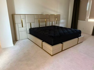 Lit en cuir de luxe moderne pour hôtel, lit double, king size, queen size, lit en bois avec tête de lit longue et luxueuse - Product Image 5