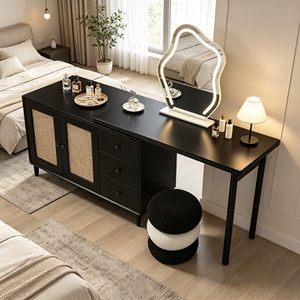 Modern Black Makeup <b>Vanity</b> With Rattan Cabinet Drawers Lighted <b>Mirror</b> And Stool Bedroom <b>Dressing</b> <b>Table</b> - Product Image 6