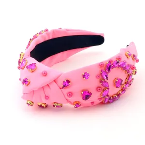 Diadema de niña con perlas de cristal y corazón rosa fuerte para el Día de San Valentín, diadema con nudo superior brillante de lujo personalizada