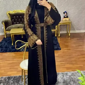 Middle East Embellished Stone And Beads Abaya Custom Luxury Black Kaftan Abaya Dubai