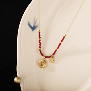 New Chinese Stainless Steel Gold Plated Trendy Geometric Pendant Necklace Collarbone <b>Chain</b> Red Bead Women's Anniversary Jewelry - Product Image 5