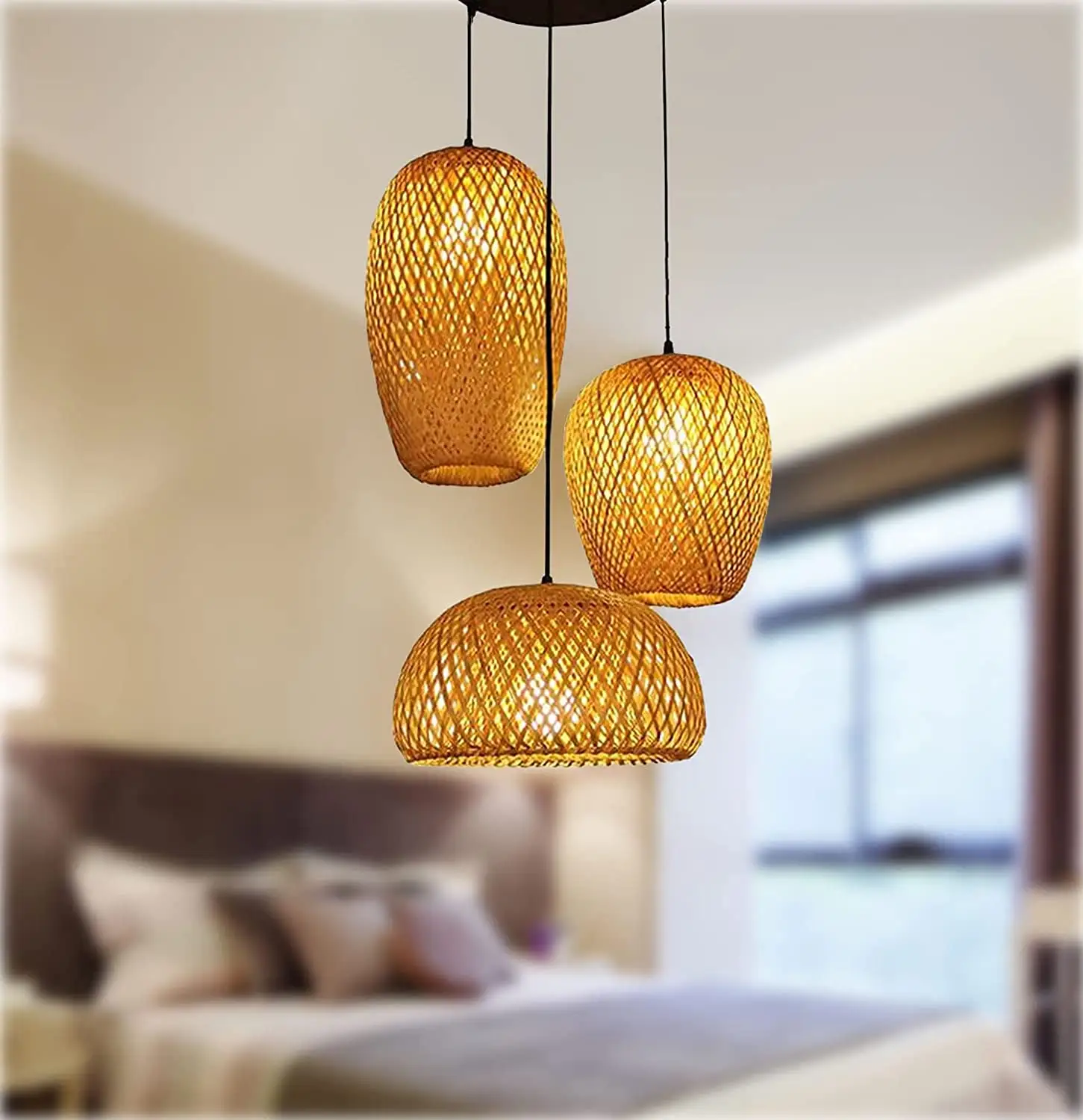 3 Headlights Retro Style Rattan Art Chandelier Led Bamboo Pendant Light Rattan Bamboo Light for Home Decor