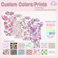 Pasgeboren babymeisjes romperset met ruches aan de schouder en korte mouwen, overal bloemenprint, bijpassende strikhoofdband, zomerkleding