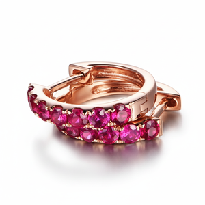 Minimalist 925 <b>Silver</b> & 14K Rose Gold <b>Huggie</b> Hoop Earrings with Genuine Pink Sapphire Birthstone September Gift for Wedding - Product Image 1