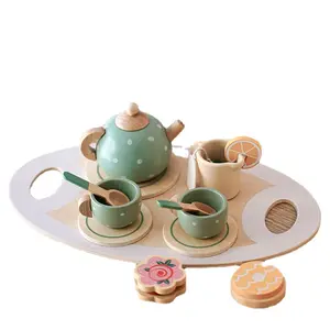 Wholesale Kids Mini Wooden Kitchen Simulation Afternoon Time Tea Toy for Girl Toddler Tea Cup Set Role Pretend Play Wooden Toys