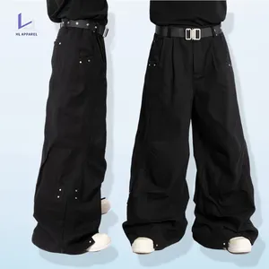 Pantalones de poliéster de pierna ancha para hombre, calzas de carga acampanadas personalizadas, color negro, venta al por mayor, fabricante HL