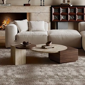 Hiện đại làm tổ Bàn cà phê thiết lập 2 travertine mô hình khung gỗ xoay tròn bên trung tâm bảng cho phòng khách nhà - Product Image 1