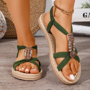 Summer Ladies Bohemian Thick Sole <b>Sandals</b> Retro Bead Carved Metal Ornament Open Toe <b>Elastic</b> Back Strap Outdoor Shoes - Product Image 1