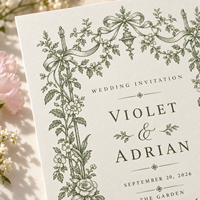 Carte d'invitation vintage à motif floral vert, style botanique français, avec nœud et cadre floral, invitation de mariage personnalisée, impression sur mesure pour mariage dans le jardin