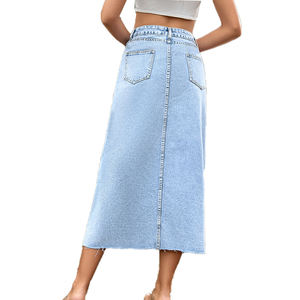 Nhà Máy Cung Cấp Trực Tiếp Chất Lượng Cao Cao Eo Nguyên Liệu HEM Denim Váy Dài Maxi Denim Váy Cho Phụ Nữ - Product Image 3