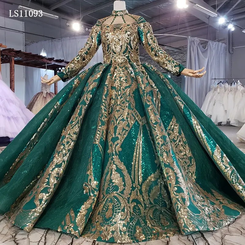 Jancember LS11093-1 muslim gold and green high neck full sleeve evening gown