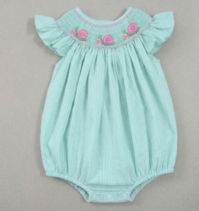 <b>Girls</b> Hand Smocked Mint Stripe <b>Dress</b> <b>Pink</b> Snail Applique Flutter Sleeve Infant Toddler Summer Vacation Outfit - Product Image 3