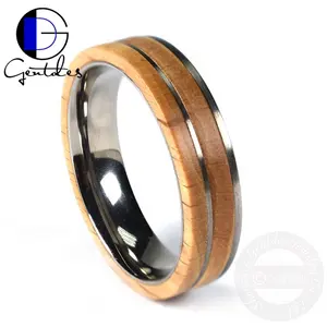 Gentdes perhiasan cincin baja Titanium kayu pasangan, perhiasan cincin baja Titanium kayu padat zaitun 6mm nyaman kustom modis